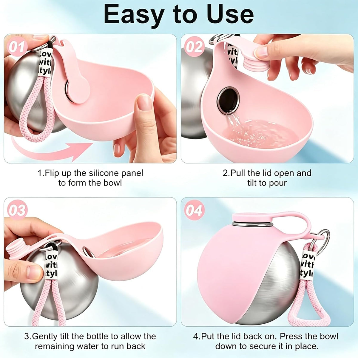 2 in 1 Portable Dog Water Bottle, 10oz Stainless Steel Portable Travel Pet Water Dispenser with Silicone Foldable Bowl, Leak Proof, Portable Small Dog Water Bottle for Walking, Hiking