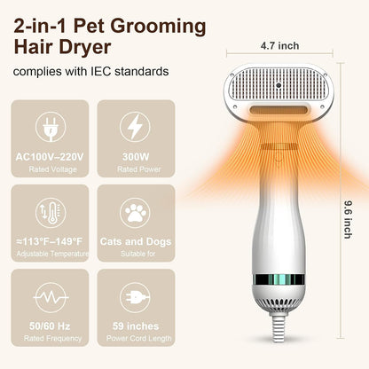 2-in-1 Pet Hair Dryer with Slicker Brush，Dog Cat Grooming Blow Dryer for Small Dogs and Cats
