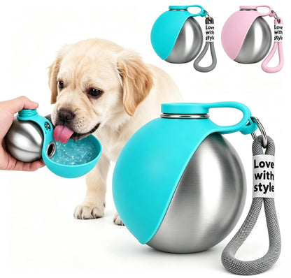 Dog Water Bottle Portable - 2 in 1 Stainless Steel Tumbler with Foldable Round Silicone Ball Bowl, 2-in-1 Leak-Proof Design for Dogs Pet Travel Walking Drinking（Pink）
