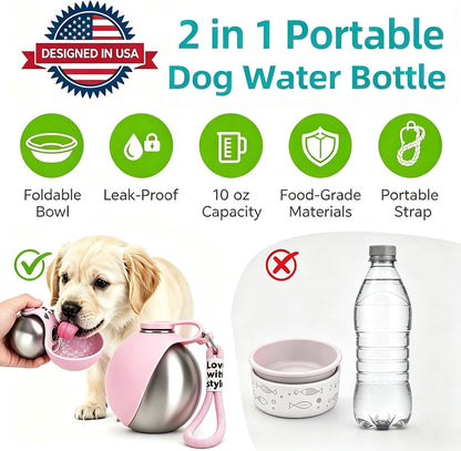 Dog Water Bottle Portable - 2 in 1 Stainless Steel Tumbler with Foldable Round Silicone Ball Bowl, 2-in-1 Leak-Proof Design for Dogs Pet Travel Walking Drinking（Pink）