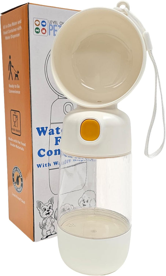 Level One Pets Portable Dog Water Bottle Dispenser (Holds 13.5 oz) Leak Proof, One-Hand Operation, Food Container (Holds 6 oz) Portable Travel Snack Bowl for Dogs and Cats Walking, Hiking, Camping