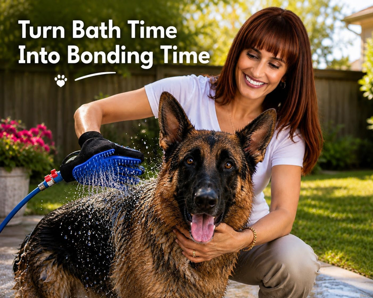 Dog Bath Glove & Sprayer – 3-in-1 Pet Bathing Tool for Washing, Scrubbing & Deshedding – Connects to Garden Hose – Adjustable Water Pressure – Easy Rinse Dog Shower – Gift for Dog Owners