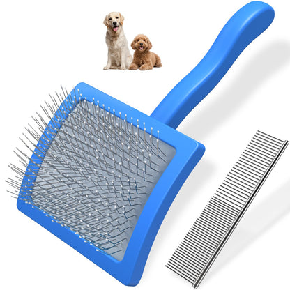 2PCS Slicker Brush for Dogs & Pet Comb,Professional Dog Grooming Brush (Goldendoodles,Poodles,Labradoodles) with Extra Long Pins to Effectively Remove Tangles, Knots and Mats (Blue, Large)