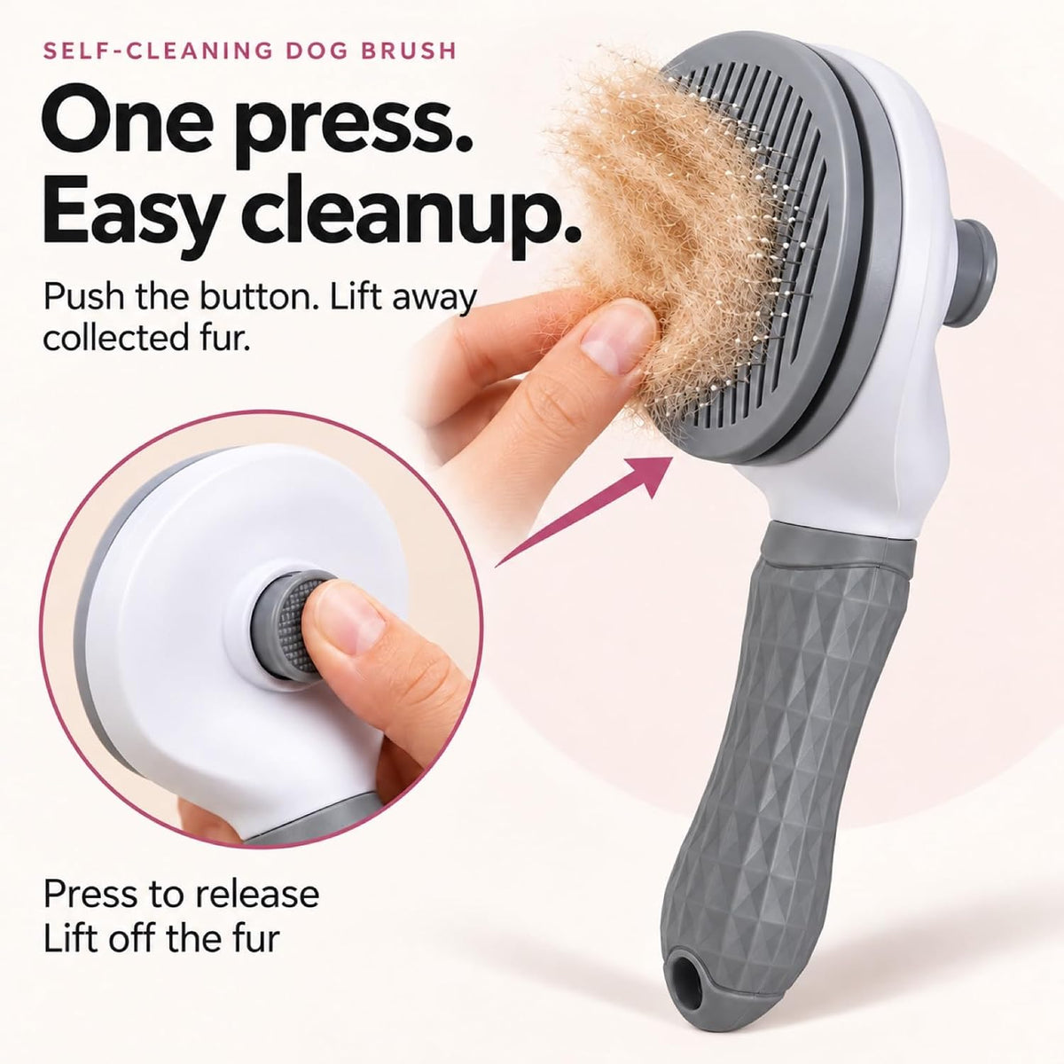 Dog Brush for Shedding and Cat Grooming, Self-Cleaning Slicker Brush with Rounded Pin Tips, Textured Handle and Hair Release Button, Gray