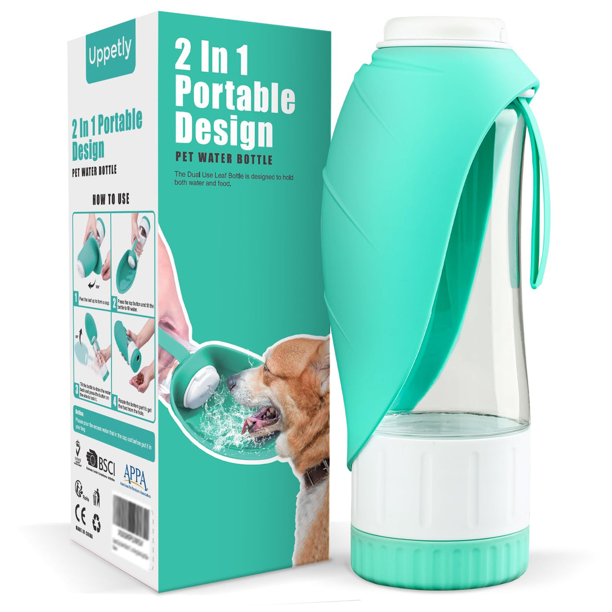 Uppetly Dog Water Bottle, Pet Water Bottle with Food Container and Drinking Feeder, Leak Proof, BPA-Free, Portable Foldable Puppy Water Cup Dispenser for Outdoor Walking, Travel, Hiking Large Pink