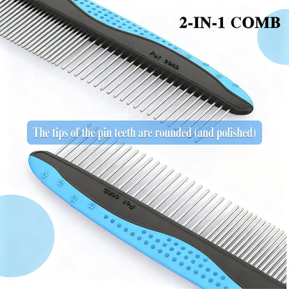 4 Pack Pet Grooming Combo - Blue Deshedding Brush,With Metal Comb,Bath Brush, With Long & Short Stainless Steel Teeth Depilatory Comb For Detangling And Dematting Long, Matted Fur On Cats And Dogs