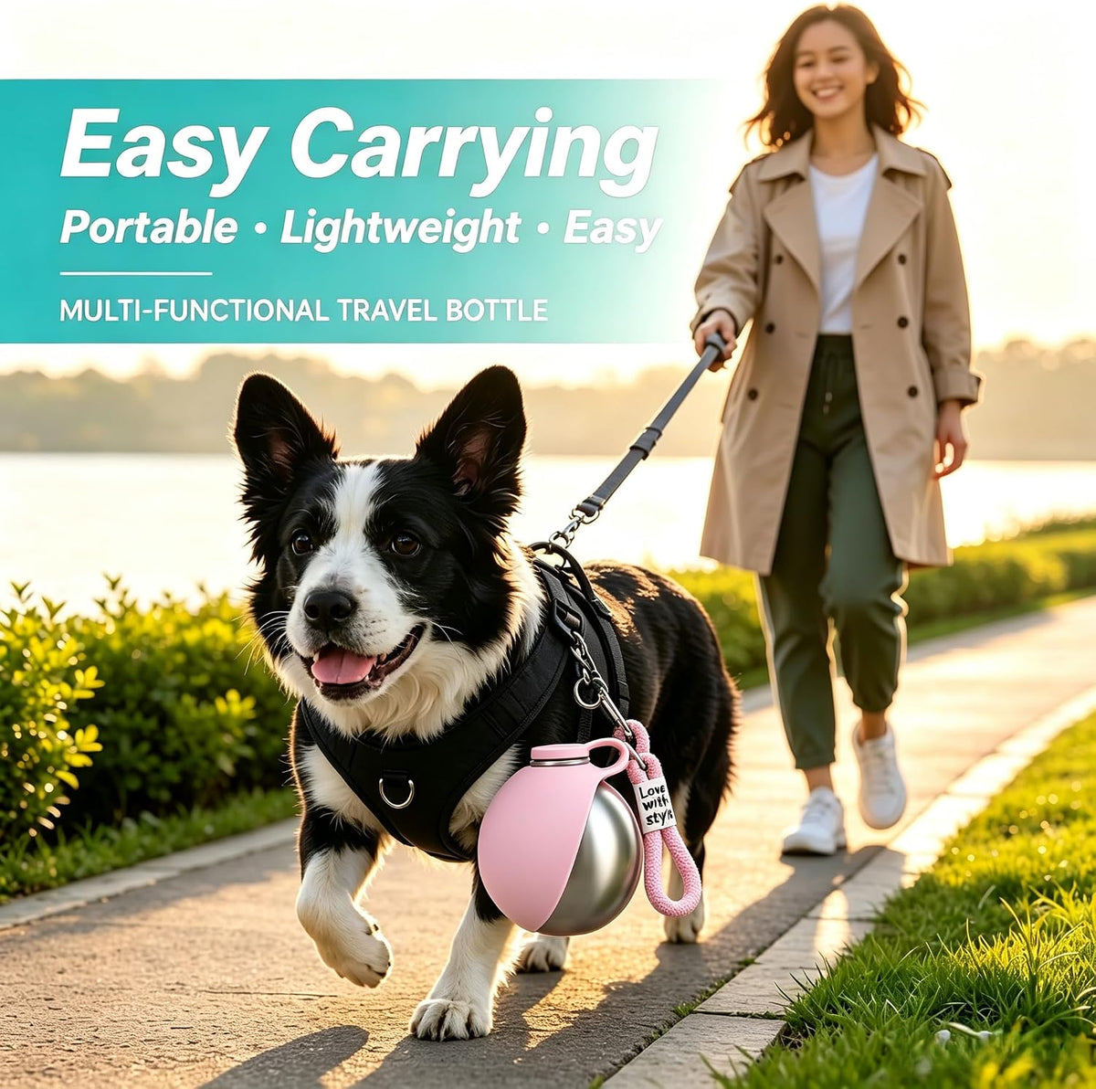 Dog Water Bottle Portable - 2 in 1 Stainless Steel Tumbler with Foldable Round Silicone Ball Bowl, 2-in-1 Leak-Proof Design for Dogs Pet Travel Walking Drinking（Pink）
