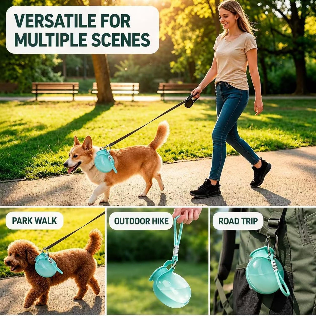 Dog Water Bottle, 2-in-1 Portable Oblate Foldable Pet Cup with Lanyard for Outdoor Walking-Leak-Proof Pet Travel Water Dispenserfood-Grade Silicone Drinking Tray for Small Cats and Dogs（Blue-Green）