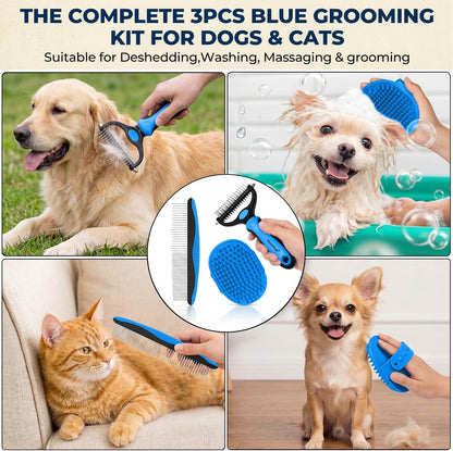 3-In-1 Pet Grooming Kit Rake Metal Comb & Bath Brush Blue