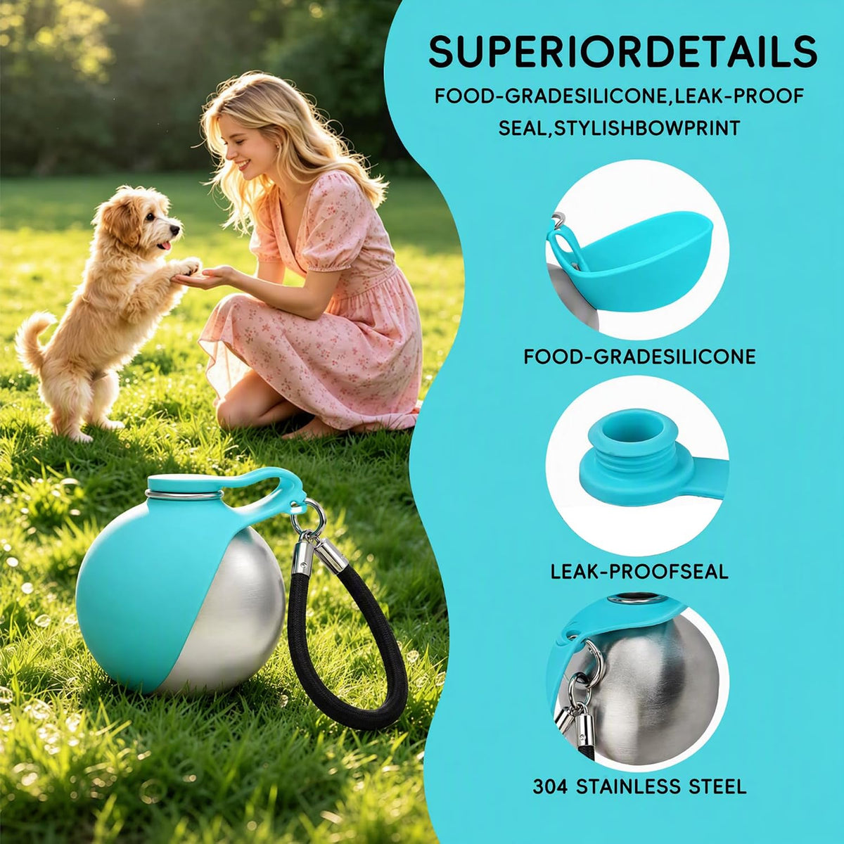 2-in-1 Portable Dog Water Bottle with Bowl, 10oz Leak-Proof Stainless Steel Pet Travel Water Dispenser for Small Dogs & Puppy, No-Spill Design for Walking, Hiking (Blue A)