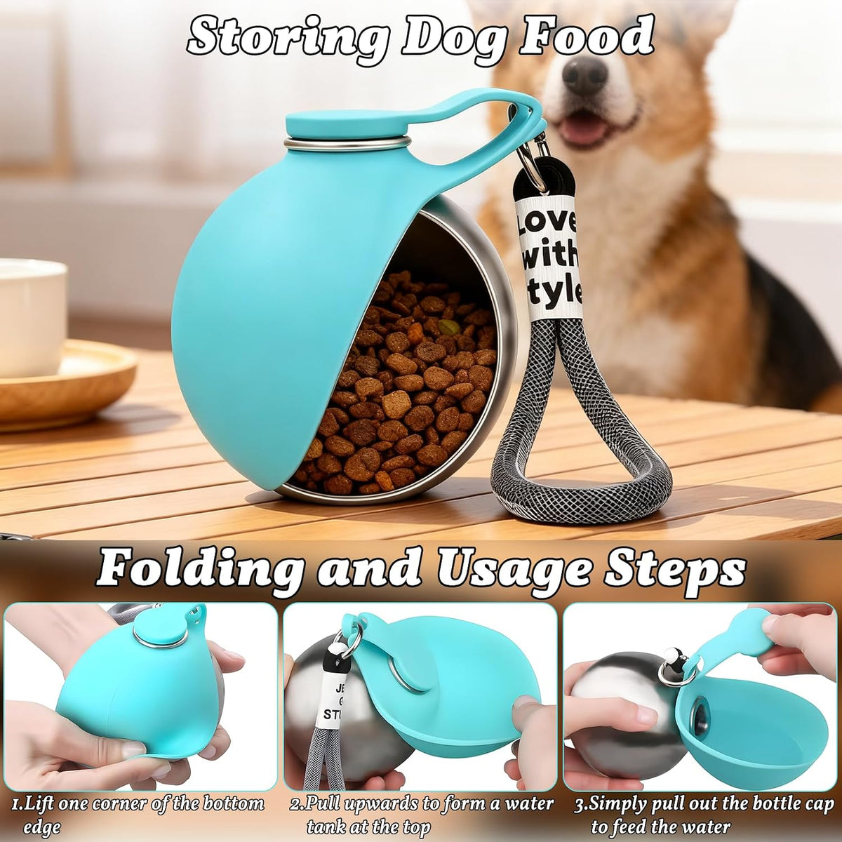 Dog Water Bottle Portable 2 in 1 Foldable Stainless Steel Bowl