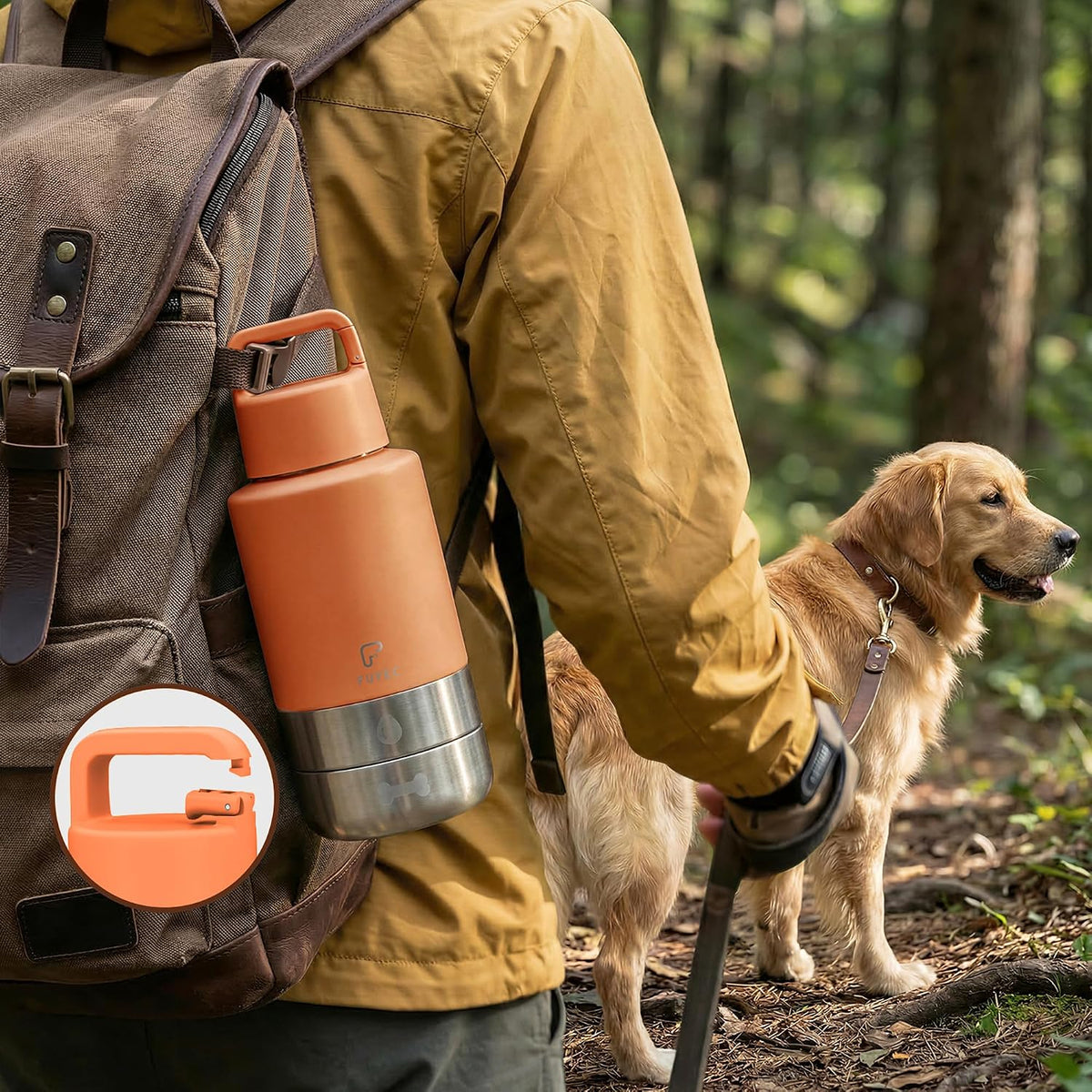 Dog Water Bottle 32oz, Insulated Stainless Steel Travel Water Dispenser with 2 Detachable Dog Bowls for Food and Water, Leak Proof Portable Pet Drinking Cup for Walking Hiking Camping (Orange)