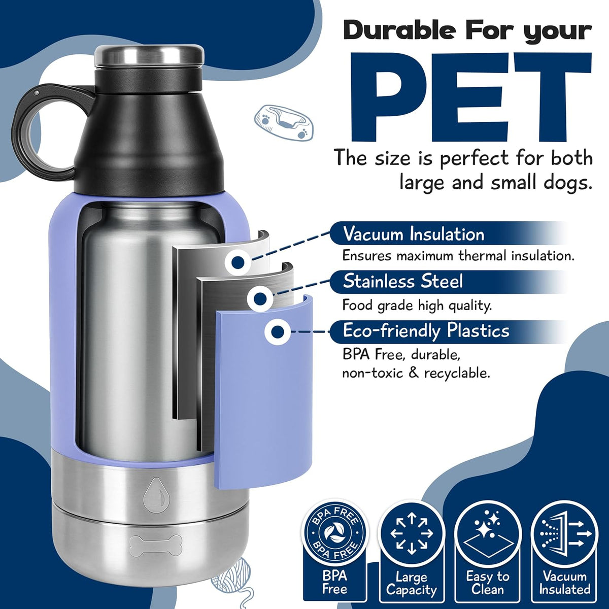 Portable Dog Water Bottle with 2 Removable Water Bowls for Dogs – Leak-Proof Insulated Stainless Steel Dog Water Bottle – Travel Accessories for Dogs - 32oz - Lavender