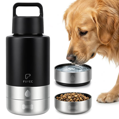 Dog Water Bottle 32oz, Insulated Stainless Steel Travel Water Dispenser with 2 Detachable Dog Bowls for Food and Water, Leak Proof Portable Pet Drinking Cup for Walking Hiking Camping (Orange)