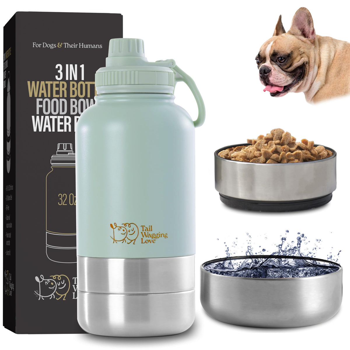 32oz 3-in-1 Travel Water Bottle for Dogs & Humans, Dual Use, Stainless Steel, Keeps Water Hot 6hrs/Cold 12hrs, Leak-Proof with Detachable Food & Water Bowls, Perfect for Travel