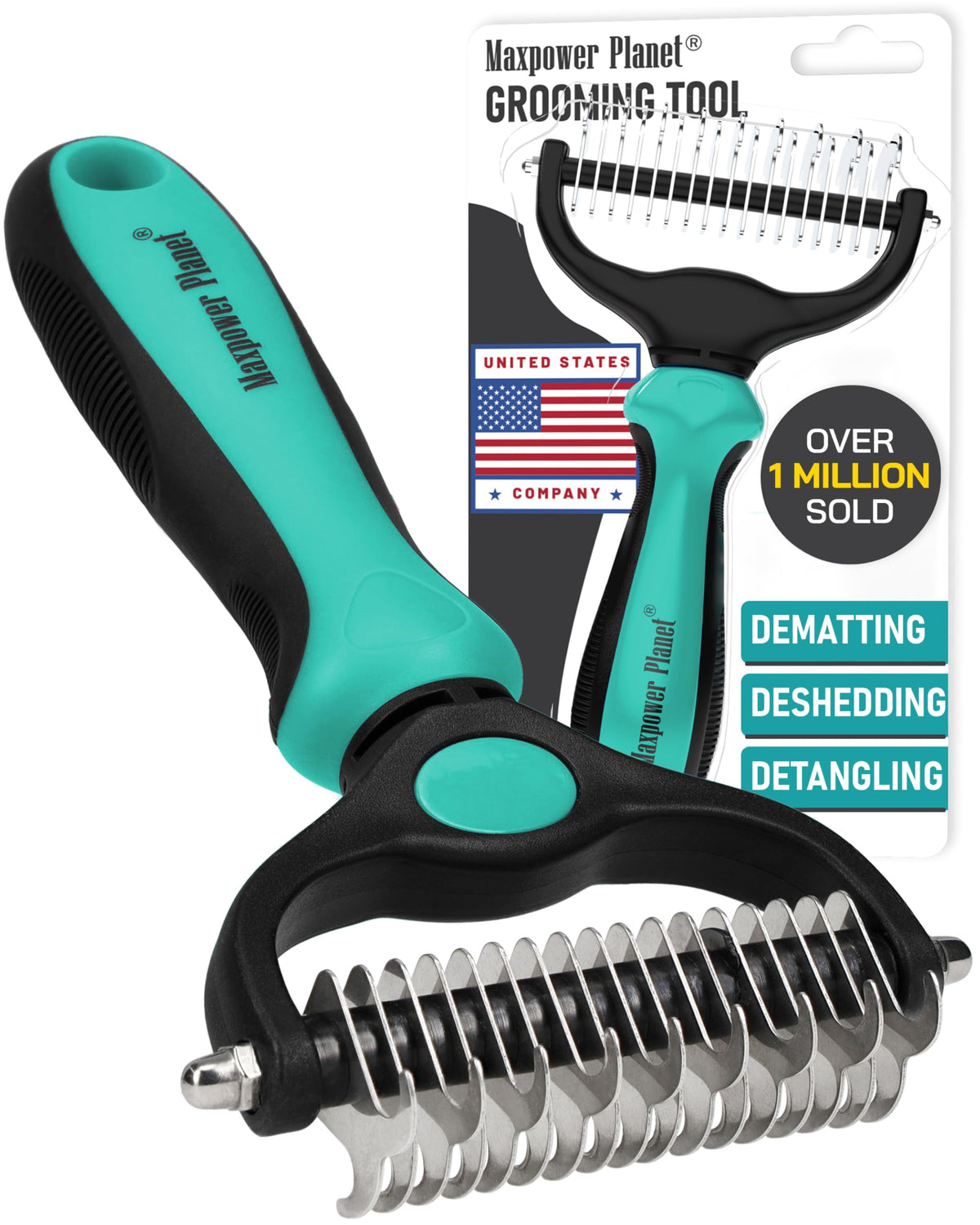 Maxpower Planet Hair Brush - Double Sided Shedding, Dematting Undercoat Rake for Dogs and Cats, Extra Wide Dog Grooming Brush, Reduce Shedding by 95%, Black