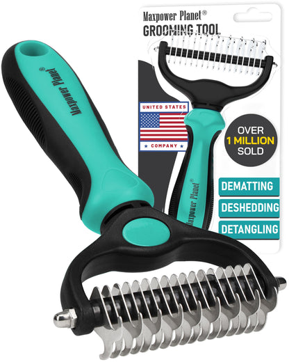 Maxpower Planet Hair Brush - Double Sided Shedding, Dematting Undercoat Rake for Dogs and Cats, Extra Wide Dog Grooming Brush, Reduce Shedding by 95%, Black