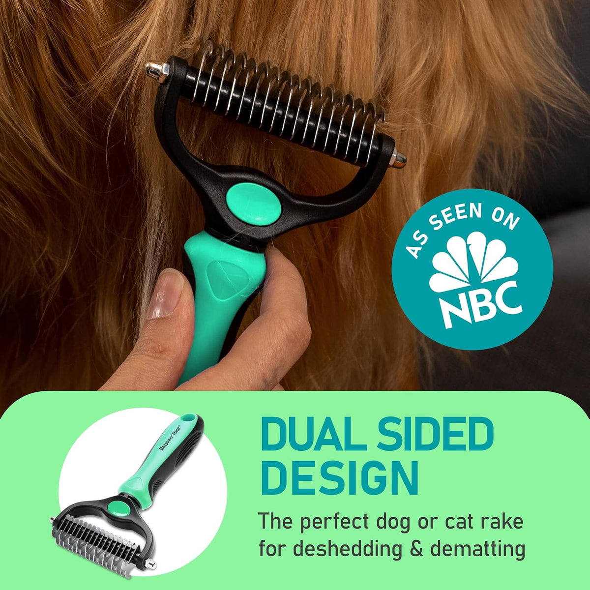 Maxpower Planet Hair Brush - Double Sided Shedding, Dematting Undercoat Rake for Dogs and Cats - Extra Wide Dog Grooming Brush, Reduce Shedding by 95%, Turquoise