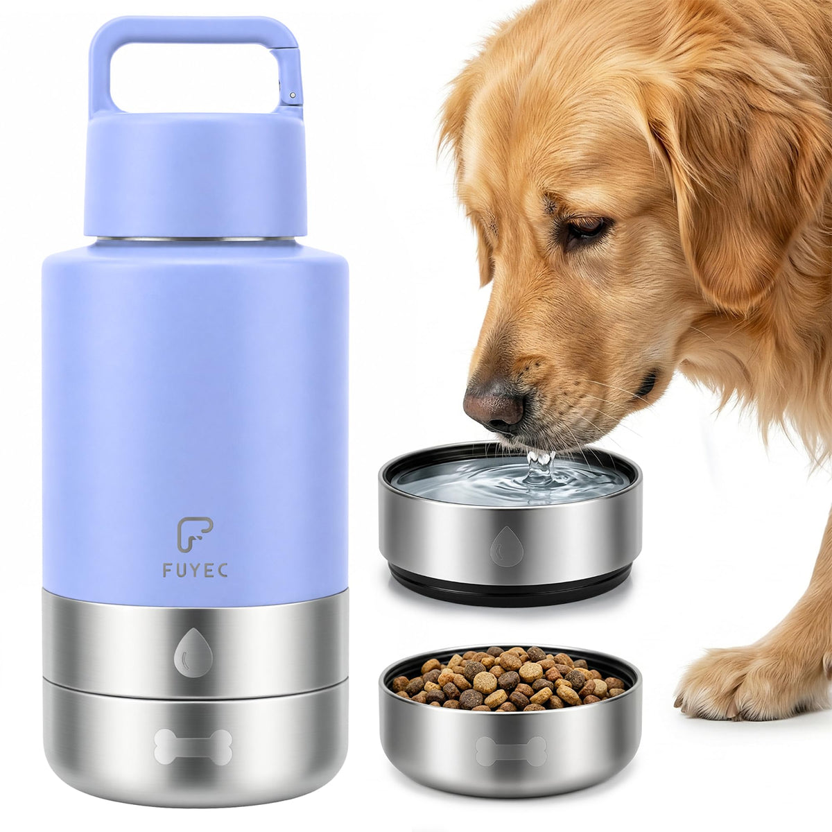 Dog Water Bottle 32oz, Insulated Stainless Steel Travel Water Dispenser with 2 Detachable Dog Bowls for Food and Water, Leak Proof Portable Pet Drinking Cup for Walking Hiking Camping (Orange)