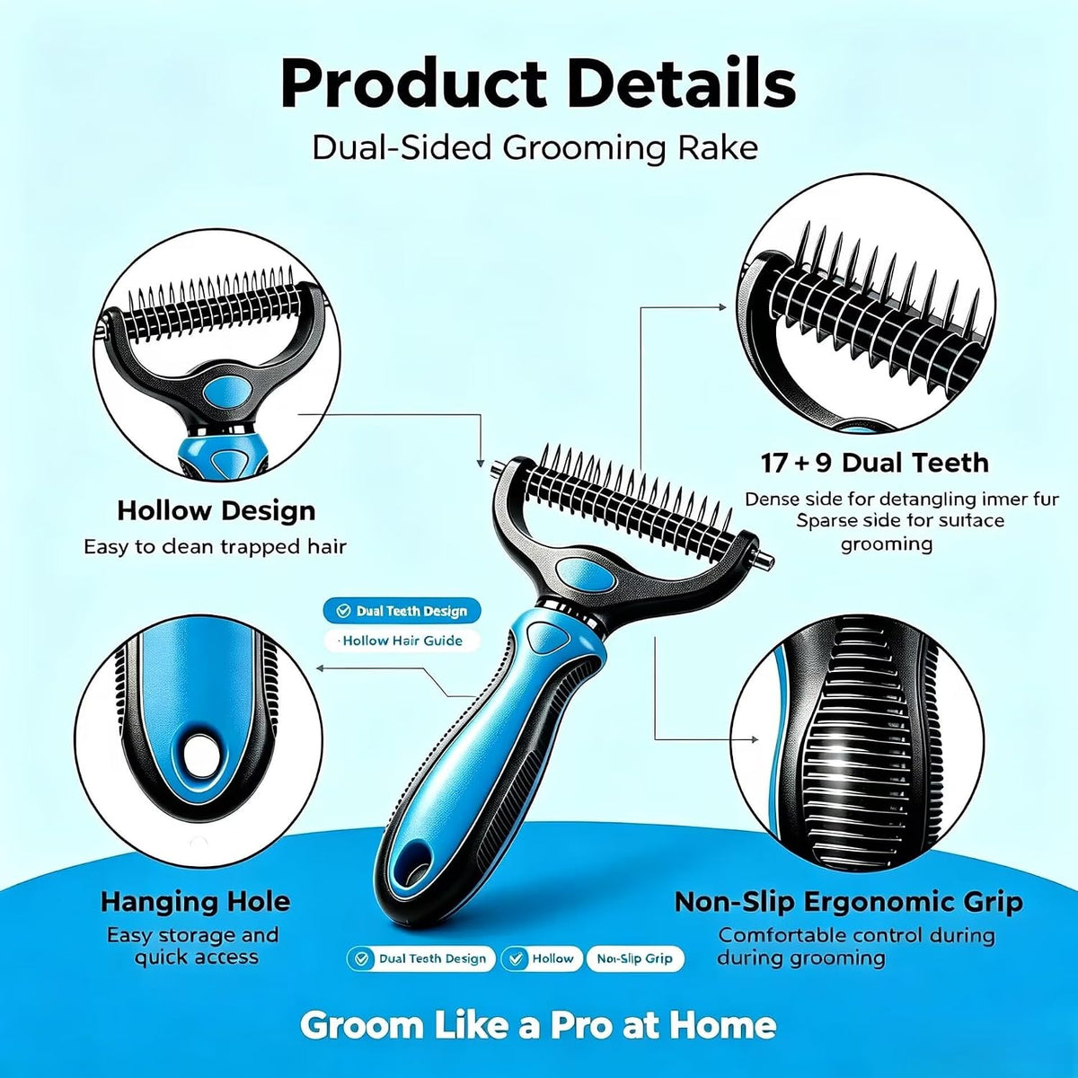 2-in-1 Dog & Cat Deshedding Brush, 17cm Long Stainless Steel Dog Rake Brush for Shedding, Pet Grooming Tool & Greyhound Comb for Mats, Tangles & Loose Undercoat, Non-Slip TPR Handle