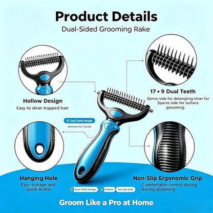 2-in-1 Dog & Cat Deshedding Brush, 17cm Long Stainless Steel Dog Rake Brush for Shedding, Pet Grooming Tool & Greyhound Comb for Mats, Tangles & Loose Undercoat, Non-Slip TPR Handle