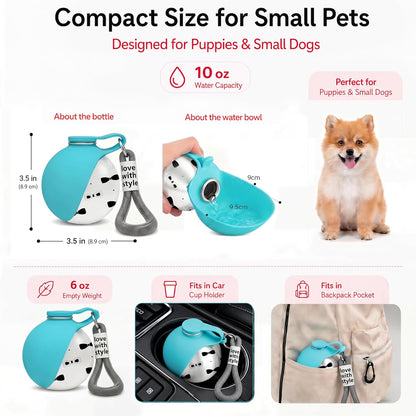 Portable Dog Water Bottle for Walking, 10oz Stainless Steel Pet Water Dispenser with Foldable Silicone Bowl, Leak-Proof Puppy Water Bottle for Small Dogs&Cats,Travel Hiking Outdoor Use(Blue Bow Print)