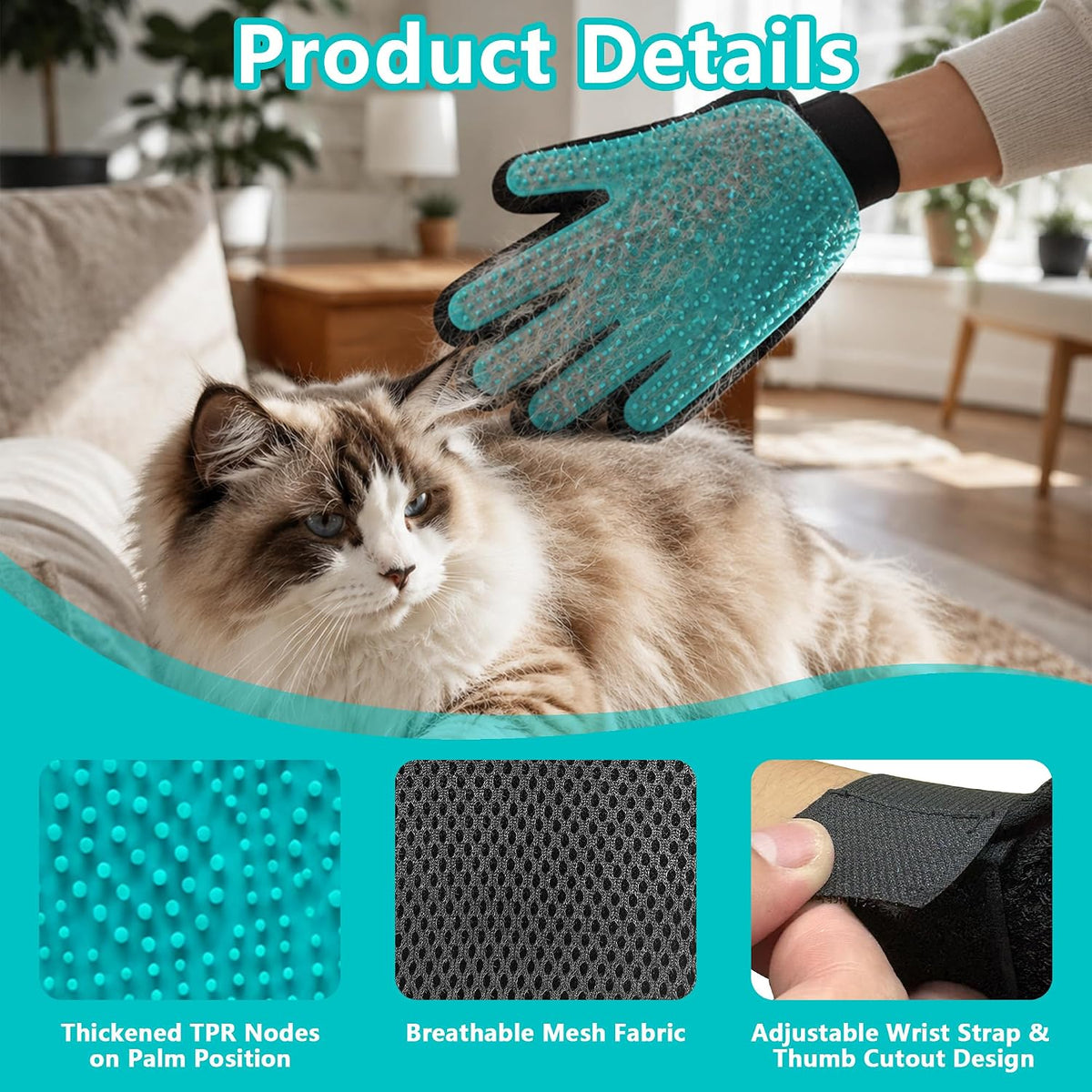 Right Hand Pet Hair Removal Gloves with Thickened Silicone Tips,Teal