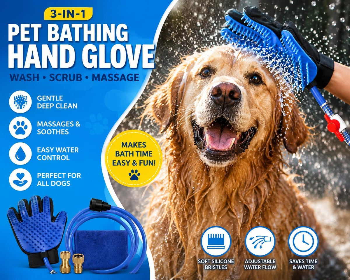 Dog Bath Glove & Sprayer – 3-in-1 Pet Bathing Tool for Washing, Scrubbing & Deshedding – Connects to Garden Hose – Adjustable Water Pressure – Easy Rinse Dog Shower – Gift for Dog Owners
