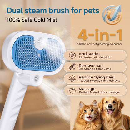 Pet Steam Brush for Dogs & Cats, 4-in-1 Shedding Grooming Tool