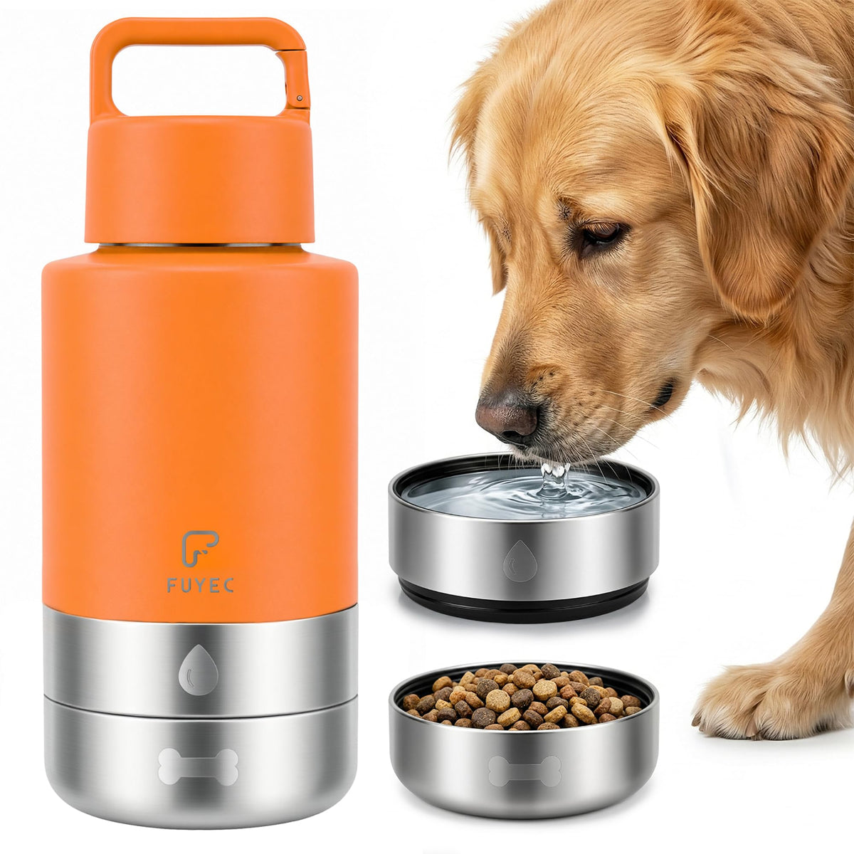 Dog Water Bottle 32oz, Insulated Stainless Steel Travel Water Dispenser with 2 Detachable Dog Bowls for Food and Water, Leak Proof Portable Pet Drinking Cup for Walking Hiking Camping (Orange)
