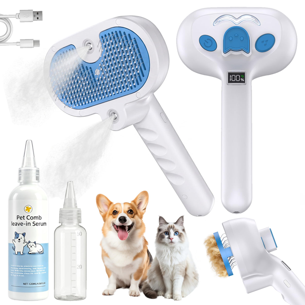Pet Steam Brush for Dogs & Cats, 4-in-1 Shedding Grooming Tool