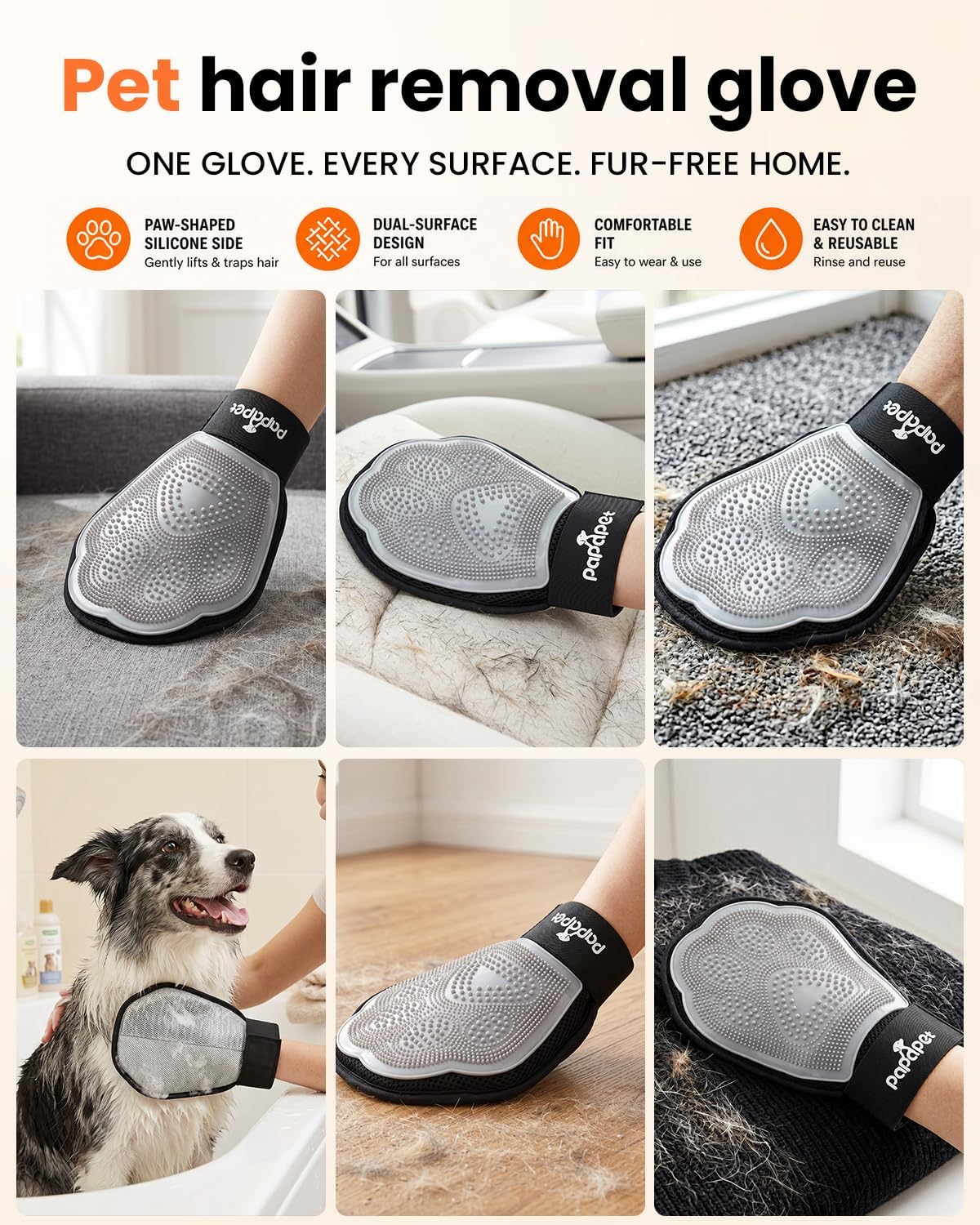 Pet Hair Removal Glove for Dogs & Cats, 2-in-1 Double-Sided Pet Grooming Tool, Static Pet Hair Remover for Clothes & Furniture + Silicone Brush for Massaging Pets & Removing Loose Fur