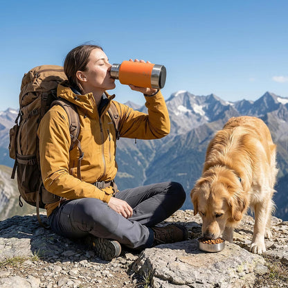 Dog Water Bottle 32oz, Insulated Stainless Steel Travel Water Dispenser with 2 Detachable Dog Bowls for Food and Water, Leak Proof Portable Pet Drinking Cup for Walking Hiking Camping (Orange)