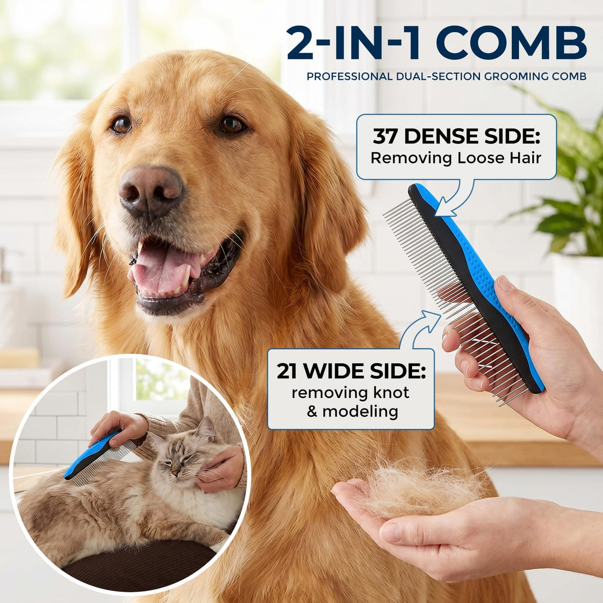 3-In-1 Pet Grooming Kit Rake Metal Comb & Bath Brush Blue
