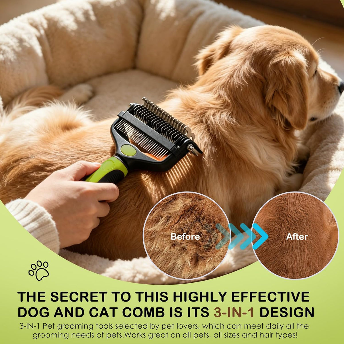 3-IN-1 Pet Brush for Deshedding and Grooming Tool (Green)
