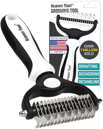 Maxpower Planet Hair Brush - Double Sided Shedding, Dematting Undercoat Rake for Dogs and Cats, Extra Wide Dog Grooming Brush, Reduce Shedding by 95%, Black