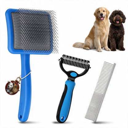 3-Piece Dog Slicker Brush & Undercoat Rake Kit, Purple Wooden Kit