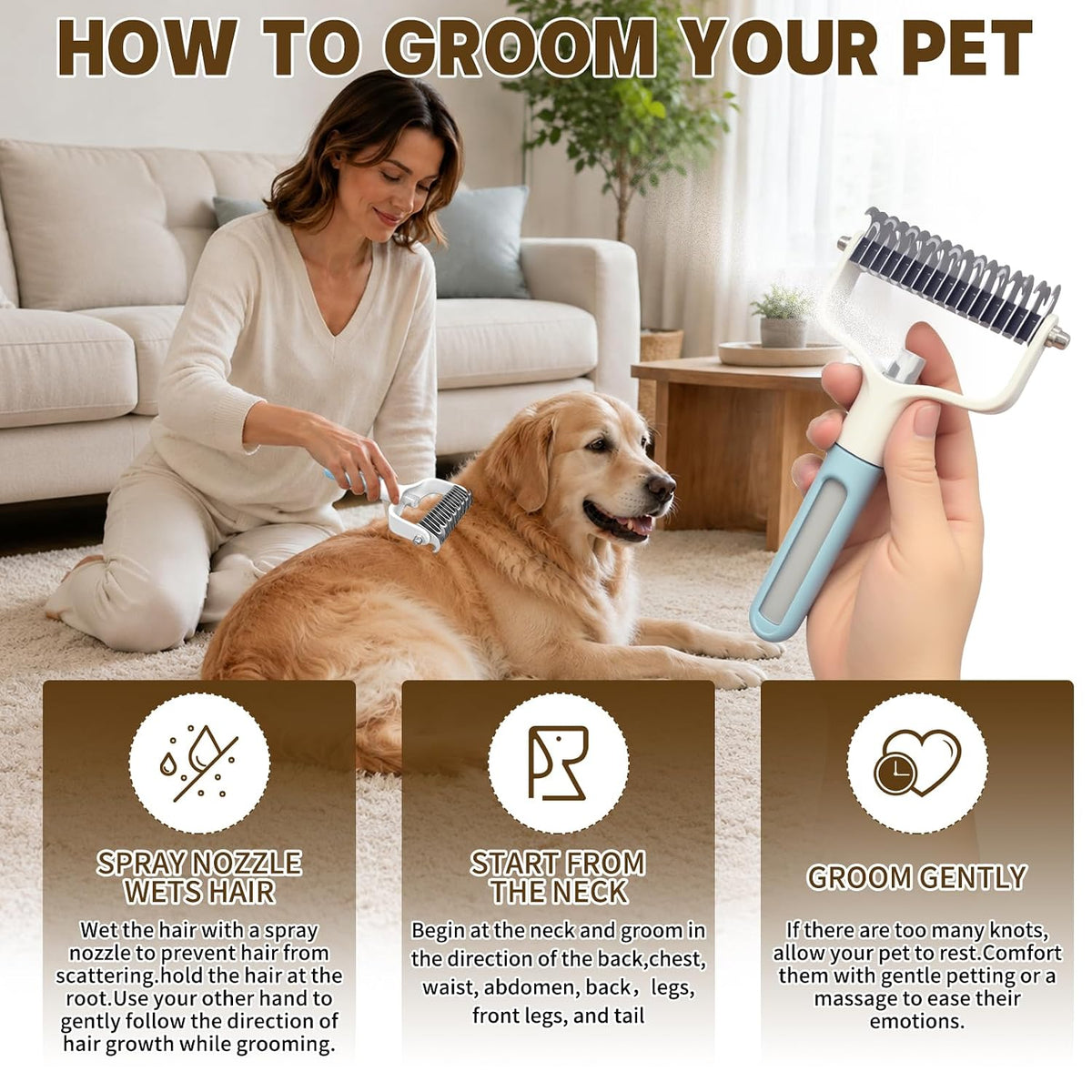 2-in-1 Dematting Comb for Cats & Dogs, Pet Grooming Brush with Spray