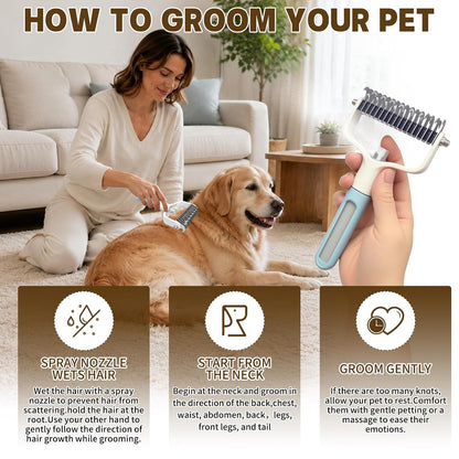 2-in-1 Dematting Comb for Cats & Dogs, Pet Grooming Brush with Spray
