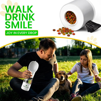 3-in-1 Portable Dog Water Bottle & Food Container,Leak Proof Pet Dispenser with Bowl, Poop Bag Holder & Wrist Strap, BPA Free Travel Water Bottle for Dogs & Cats, Outdoor Walks & Hiking