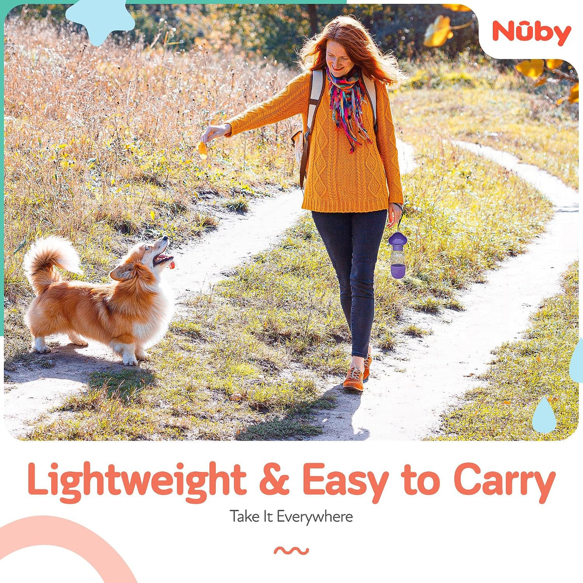 Nuby Dog Water Bottle, Portable Pet Travel Bottle, Water and Food Container for Dogs, Leak-Proof, Easy Carry Strap, Puppy Essentials, 10oz Water & 6.76oz Food Capacity, Lavender